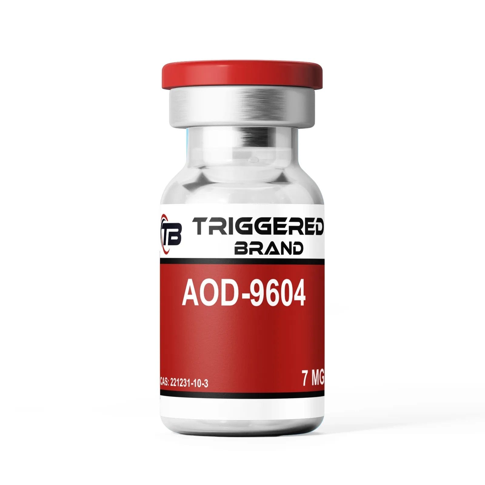 Triggered Brand AOD-9604 7mg research peptide vial with red and white labeling.